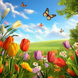 butterflies fly over a field of flowers and tulips