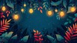 Simple Illustration Background with Cozy Leaves and String Lights. Empty Space for Text. Dark Night Palette.