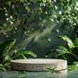 Natural Stone and Concrete Podium in Lush Green Background of Plants and Leaves. White Marble Product Podium.