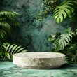 Natural Stone and Concrete Podium in Lush Green Background of Plants and Leaves. White Marble Product Podium.