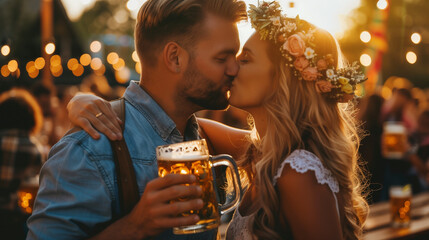 A couple kissing at Oktoberfest, with the man holding a beer mug.