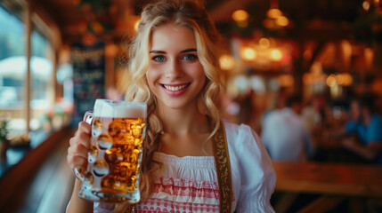 Wall Mural - A blonde woman in a Dirndl holding a beer mug, smiling.