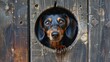 Dachshund peeking through a knothole in a wooden fence, excellent for home improvement or security services.