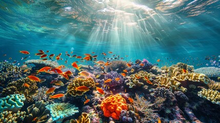 Wall Mural - Tropical Fish Swimming in a Sunbeam-Filled Coral Reef