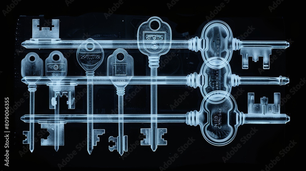 Key In Scan Master Key Set in X-ray, A close-up X-ray scan displaying a set of ...