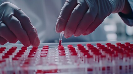 Wall Mural - hands of laboratory workers holding a microplate and adding reagents to blood samples in precise mea