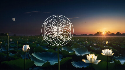 Wall Mural - Loy Krathong festival with colorful candles light and full moon in Thailand background. Floating ritual banana leaves vessel lamp and lotus flower into the
