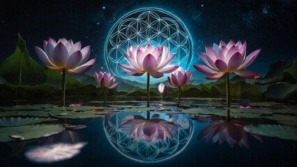 Wall Mural - Loy Krathong festival with colorful candles light and full moon in Thailand background. Floating ritual banana leaves vessel lamp and lotus flower into the
