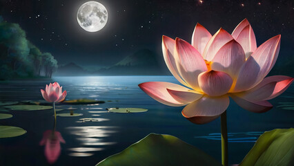 Wall Mural - Loy Krathong festival with colorful candles light and full moon in Thailand background. Floating ritual banana leaves vessel lamp and lotus flower into the
