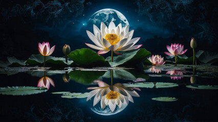 Wall Mural - Loy Krathong festival with colorful candles light and full moon in Thailand background. Floating ritual banana leaves vessel lamp and lotus flower into the
