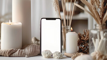 Wall Mural - Smartphone with white empty display on a white table with candles, aromatic sticks and home decor.