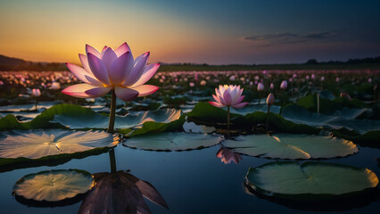 Wall Mural - Loy Krathong festival with colorful candles light and full moon in Thailand background. Floating ritual banana leaves vessel lamp and lotus flower into the
