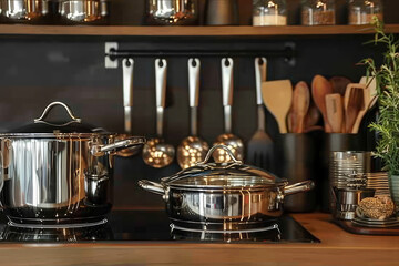 Elegant display of stainless steel kitchenware featuring shiny new pots, pans, and utensils. AI generated.