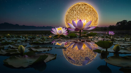 Wall Mural - Loy Krathong festival with colorful candles light and full moon in Thailand background. Floating ritual banana leaves vessel lamp and lotus flower into the
