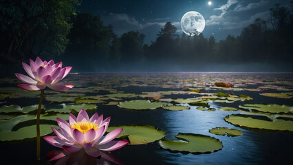 Wall Mural - Loy Krathong festival with colorful candles light and full moon in Thailand background. Floating ritual banana leaves vessel lamp and lotus flower into the
