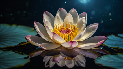 Wall Mural - Loy Krathong festival with colorful candles light and full moon in Thailand background. Floating ritual banana leaves vessel lamp and lotus flower into the
