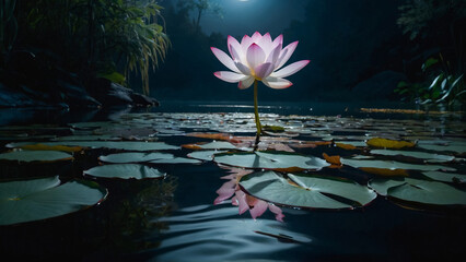 Wall Mural - Loy Krathong festival with colorful candles light and full moon in Thailand background. Floating ritual banana leaves vessel lamp and lotus flower into the
