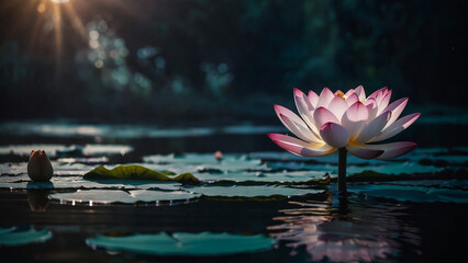 Wall Mural - Loy Krathong festival with colorful candles light and full moon in Thailand background. Floating ritual banana leaves vessel lamp and lotus flower into the
