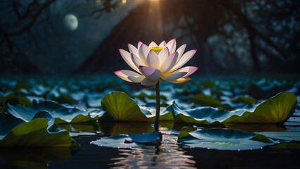 Wall Mural - Loy Krathong festival with colorful candles light and full moon in Thailand background. Floating ritual banana leaves vessel lamp and lotus flower into the
