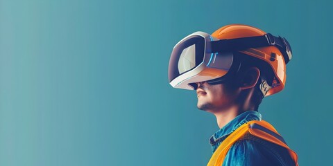 Poster - Industry Worker Wearing Virtual Reality Headset for Simulated Workflow and Visionary Experiences