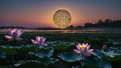 Wall Mural - Loy Krathong festival with colorful candles light and full moon in Thailand background. Floating ritual banana leaves vessel lamp and lotus flower into the
