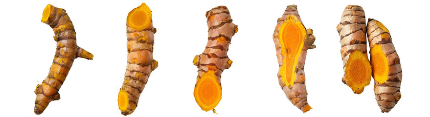 Set of turmeric root cut out transparent isolated on white background ,PNG file ,artwork graphic design.