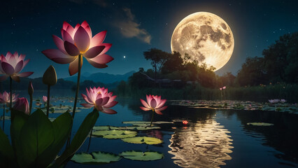 Wall Mural - Loy Krathong festival with colorful candles light and full moon in Thailand background. Floating ritual banana leaves vessel lamp and lotus flower into the
