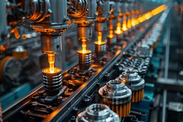 Poster - A detailed image capturing the orange glowing parts of machinery in a dark, cinematic industrial setting