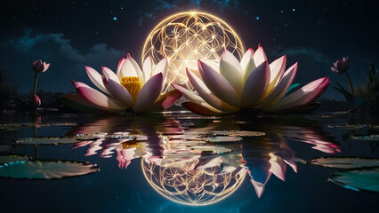 Wall Mural - Loy Krathong festival with colorful candles light and full moon in Thailand background. Floating ritual banana leaves vessel lamp and lotus flower into the
