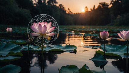 Wall Mural - Loy Krathong festival with colorful candles light and full moon in Thailand background. Floating ritual banana leaves vessel lamp and lotus flower into the
