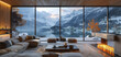 View on the Matterhorn mountain during winter from panoramic windows of luxury apartment.