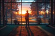 © Larisa AI - A serene scene of a man standing at the entrance of a golf course, gazing at the picturesque sunset enveloped by nature's beauty