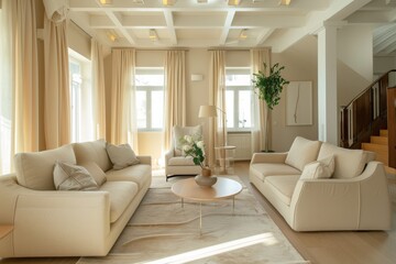 Wall Mural - Elegant Modern Living Room Interior with Neutral Tones and Natural Light