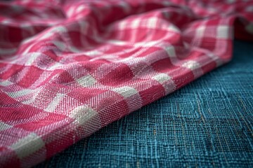 Poster - Soft pink and white checkered cloth with a beautifully crumpled texture on blue background