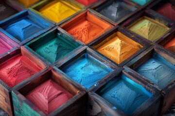 Poster - An array of wooden boxes each filled with bright, colorful powders possibly for art or decoration