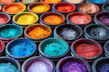 Poster - Sharply focused image showcasing the vivid and diverse colors of powder pigments stored in containers