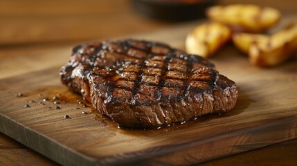 Wall Mural - Grilled steaks with a close up shot that captures the perfect sear and caramelization