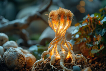Aufkleber - A conceptual image of ginseng roots twisting into an hourglass, symbolizing the timeless nature of their vitality,