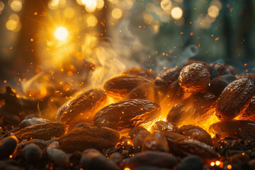 Aufkleber - A mystical view of cocoa beans as chocolate orbs, glowing with internal energy and casting a warm, invigorating light,