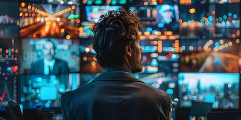 Poster - Businessperson Surrounded by Real Time Digital Screens Monitoring Remote Workforce Analytics