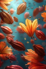 Aufkleber - A vibrant depiction of cocoa beans that turn into chocolate ribbons, dancing in the wind, symbolizing freedom and energy,
