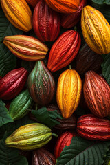 Aufkleber - A vibrant depiction of cocoa beans that turn into chocolate ribbons, dancing in the wind, symbolizing freedom and energy,