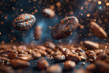 Aufkleber - A surreal depiction of cocoa beans floating in space, with streams of chocolate spiraling into infinity, energizing the cosmos,