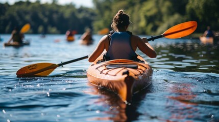 Wall Mural - A woman is actively paddling a kayak on the water.