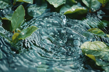 Poster - An artistic impression of tea leaves dissolving into a water surface, creating soothing waves and patterns,