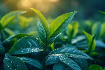 Poster - Tea leaves unfolding into a series of harmonious musical notes, symbolizing the rhythmic ritual of tea brewing,