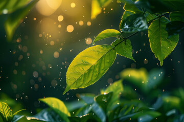 Poster - Tea leaves unfolding into a series of harmonious musical notes, symbolizing the rhythmic ritual of tea brewing,