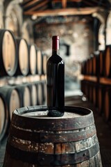 Wall Mural - Red wine bottle mock up on on top of an old barrel, rows of barrels inside a winery or castle-like building, copy space and place for logo