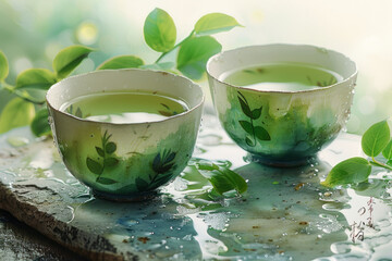Poster - Tea leaves dissolving into a series of tranquil watercolor washes, symbolizing their gentle, relaxing nature,