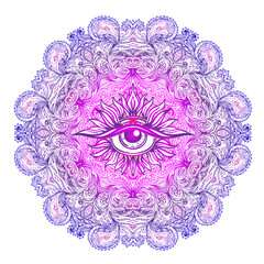 Poster - All seeing eye in ornate round mandala pattern. Mystic, alchemy, occult concept. Design for music cover, t-shirt , boho poster, flyer. Astrology, shamanism, religion. Coloring book pages for adults.